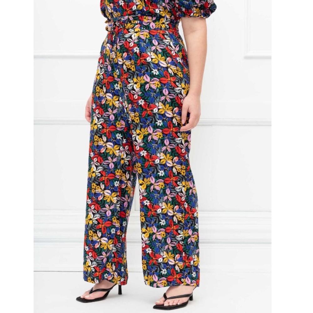 ELOQUII Elements Tie-waist Wide Leg Pants Floral Print Island Garland 22